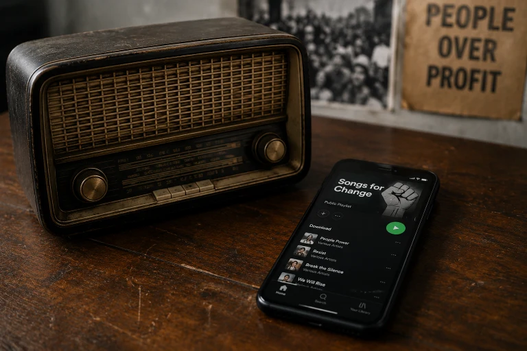 The Protest Song Used to Cost the Artist Something Real — a Career, a Visa, a Radio Slot. Streaming Playlists Now Curate Activism Between Ads. Did the Risk Disappear Along With the Stakes?